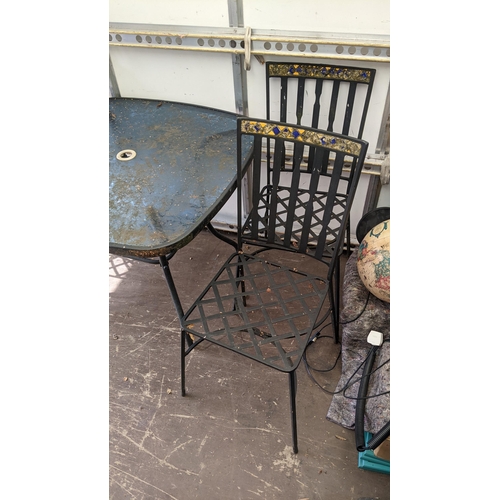 419 - A set of cast iron garden chairs together with a garden table 71.5h x 88.5w
Location: FOYER