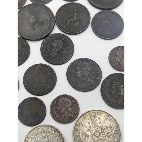 59 - Mixed British coinage to include, 1887 double florin, 1887 half crown, a George III Garter crown, Ge... 