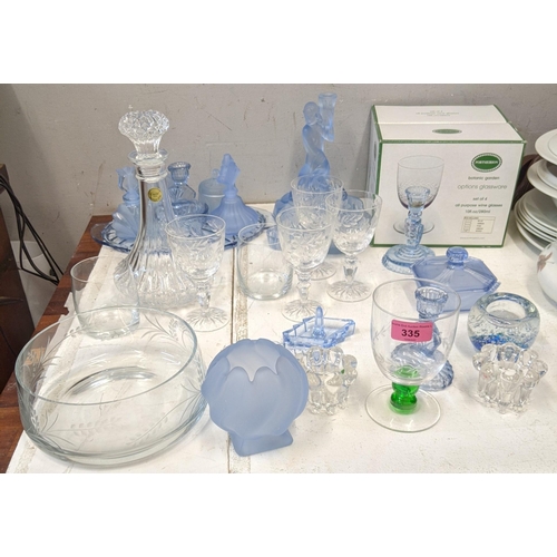 335 - Glassware to include blue glass dressing table items, a figural centre piece, glasses, decanter and ... 