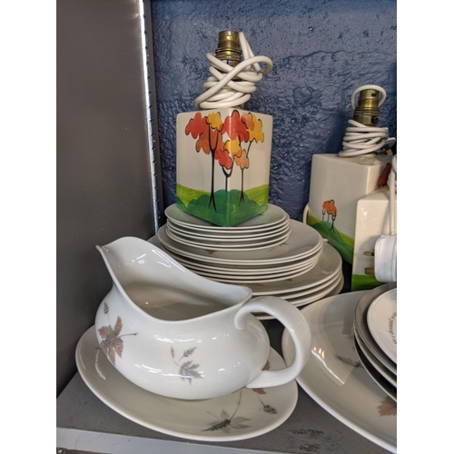 336 - Mixed ceramics to include Royal Doulton Tumbling Leaves, Clarice Cliffe style table lamps, Shelly di... 