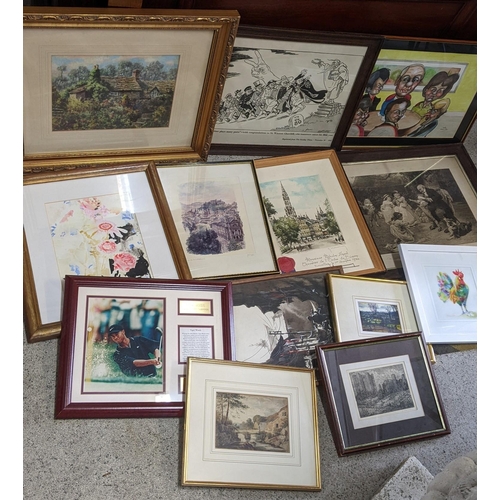 34 - A selection of framed pictures to include a watercolour depicting a cottage, a Geoffrey Lanham water... 