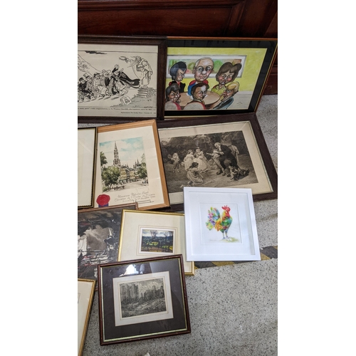 34 - A selection of framed pictures to include a watercolour depicting a cottage, a Geoffrey Lanham water... 