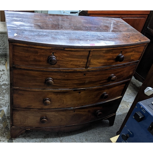 51 - A 19th century mahogany chest of two short and three long drawers on bracket feet, A/F, 104h x 107.5... 