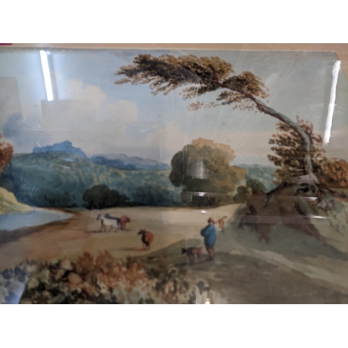 77 - An oak framed mirror, a Victorian painting on glass of a ruined castle in a landscape 38 x 58 gilt f... 