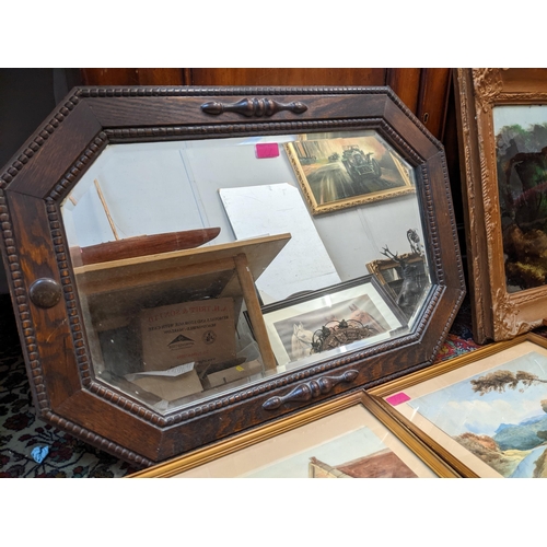 77 - An oak framed mirror, a Victorian painting on glass of a ruined castle in a landscape 38 x 58 gilt f... 