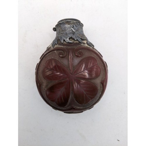 78 - A 19th century cameo glass scent bottle with white metal collar, decorated with a four leaf clover i... 