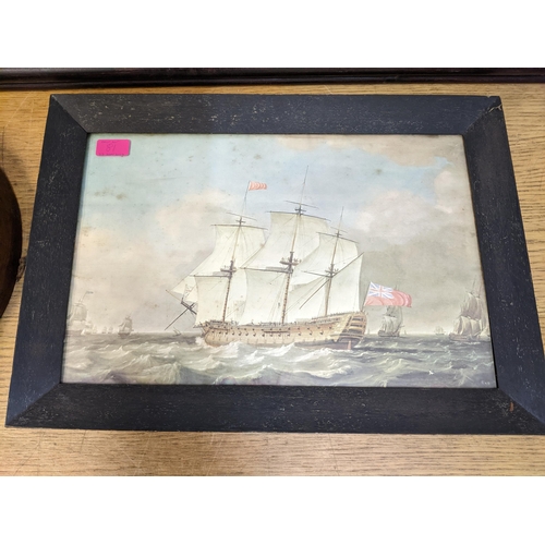 81 - A mixed lot to include a painted relief wall plaque depicting a galleon in wooden frame, a print of ... 