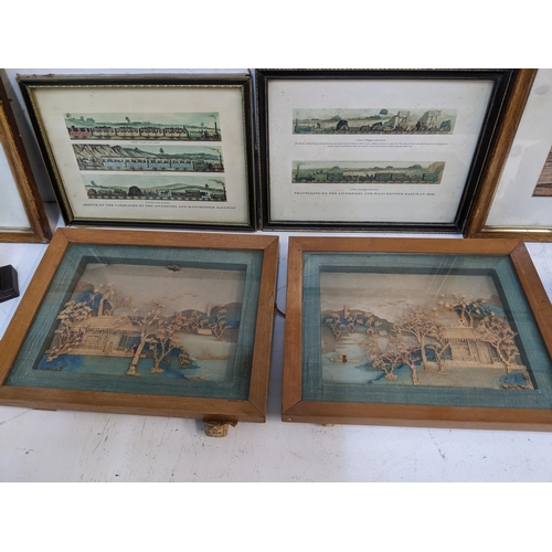 85 - A group of Chinese carved cork diorama's and two framed and glazed railway and carriage prints
Locat... 