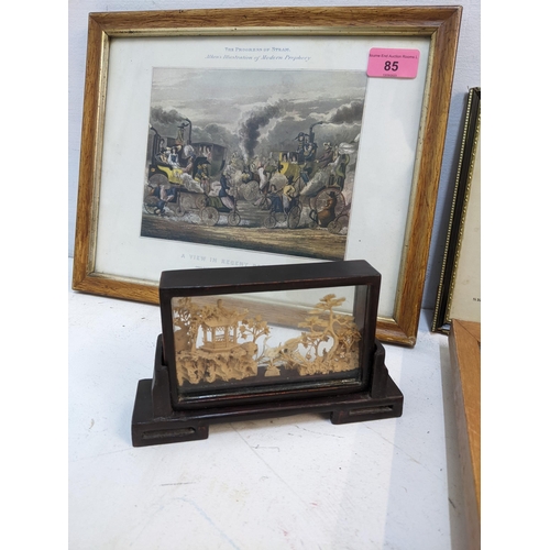 85 - A group of Chinese carved cork diorama's and two framed and glazed railway and carriage prints
Locat... 