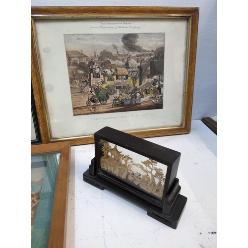 85 - A group of Chinese carved cork diorama's and two framed and glazed railway and carriage prints
Locat... 