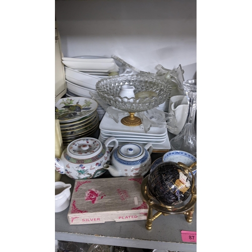 87 - A mixed lot to include Chinese teapots, collectors plates, semi-precious model of a globe, alabaster... 