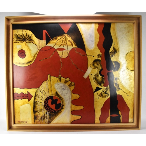 Bui Mai Hien (b.1957) Vietnamese 
untitled, abstract lacquer painting in red/black/gold and silver tones, signed lower left and dated '98, 100 cm high x 120 cm wide, within a heavy wooden frame
Location: A3F