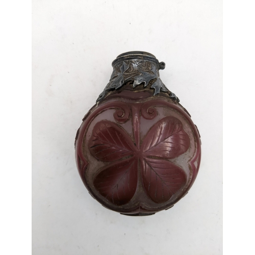 78 - A 19th century cameo glass scent bottle with white metal collar, decorated with a four leaf clover i... 