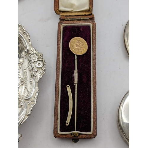 13 - A mixed lot to include a yellow metal stick pin brooch and others together with silver items to incl... 