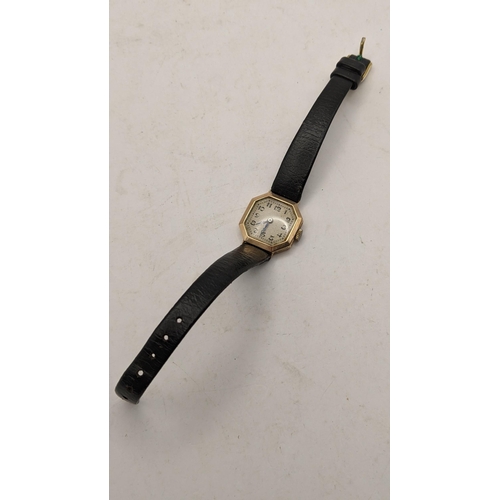 27 - An early 20th century 9ct gold ladies manual wind wristwatch on a black leather strap
Location: CAB7