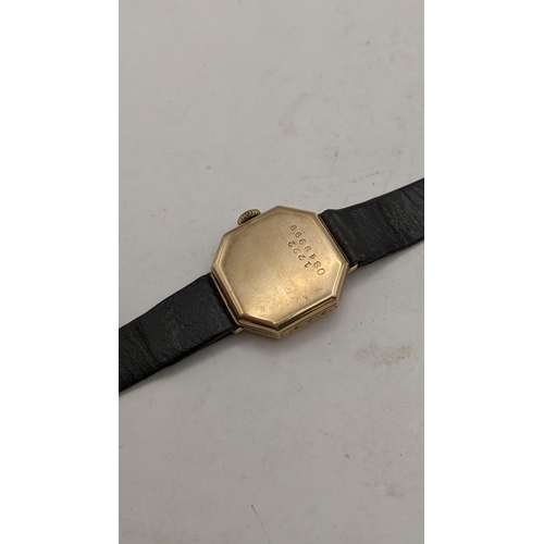 27 - An early 20th century 9ct gold ladies manual wind wristwatch on a black leather strap
Location: CAB7