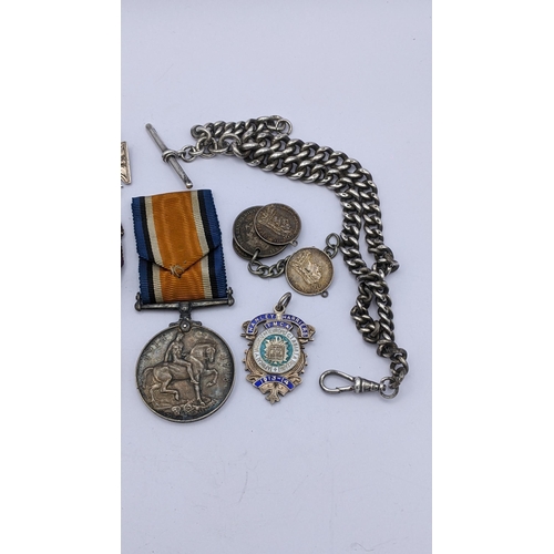 271 - Collectables to include two WWI medals GNR RA 313064, a silver watch chain and medallions, 130g
Loca... 