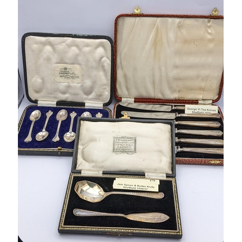 277 - Cased silver cutlery to include a jam spoon with butterknife and six spoons, 71.4g, together with si... 