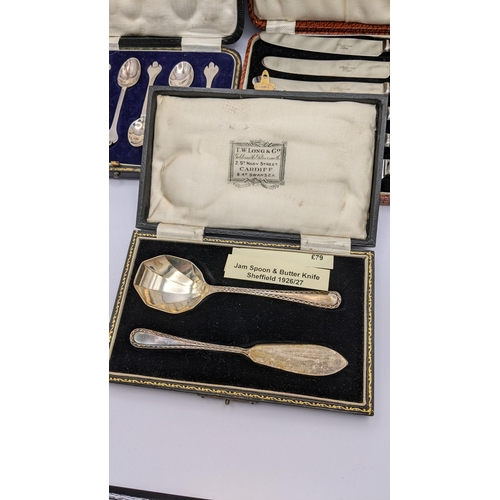 277 - Cased silver cutlery to include a jam spoon with butterknife and six spoons, 71.4g, together with si... 