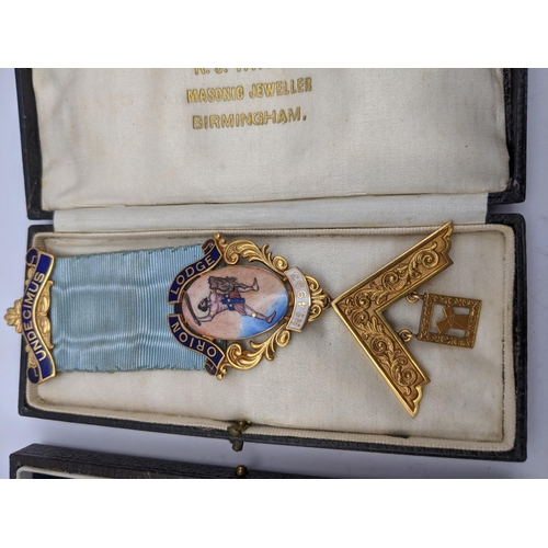 278 - A pair of cased Masonic medals to include a 9ct gold and enamel Orion Lodge example with 9ct gold an... 