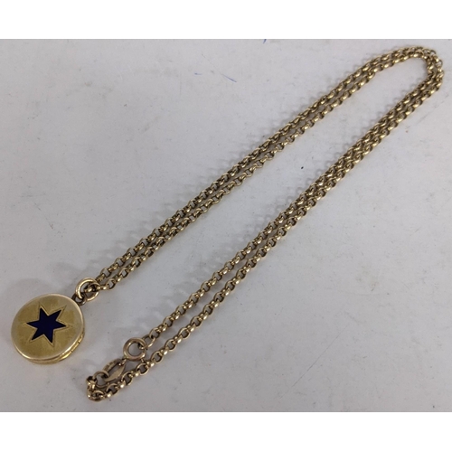 68 - A 9ct gold chain link necklace with a yellow metal circular locket with an anchor one side and a sta... 