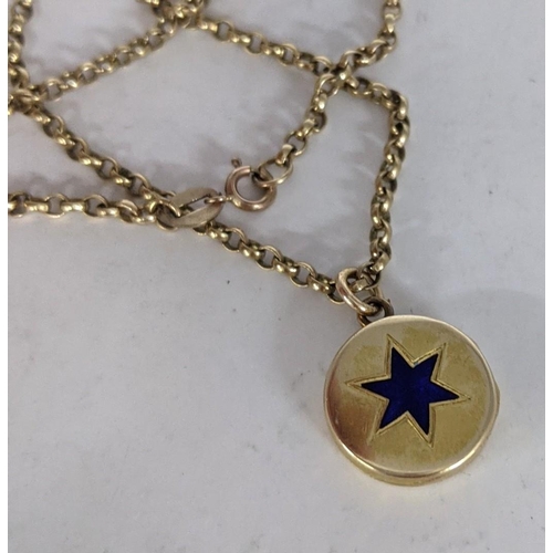 68 - A 9ct gold chain link necklace with a yellow metal circular locket with an anchor one side and a sta... 