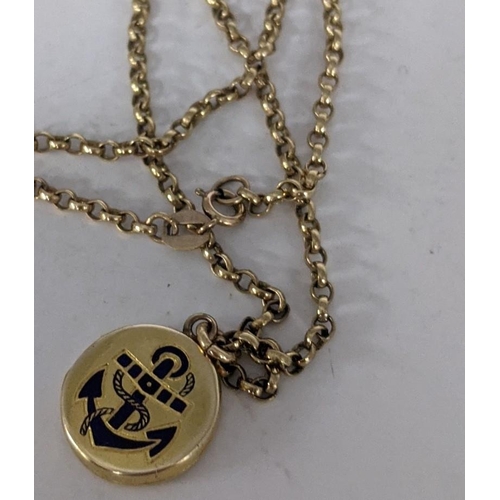 68 - A 9ct gold chain link necklace with a yellow metal circular locket with an anchor one side and a sta... 