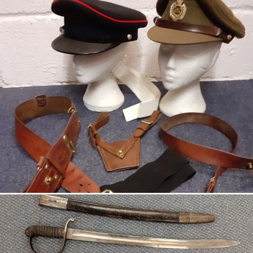 518 - Royal Engineers military uniform accessories to include a shagreen handled sword, cloth badges, belt... 