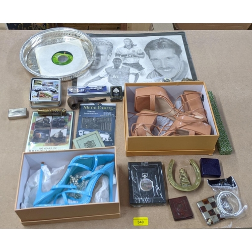 170 - A mixed lot to include a Yoko Ono single, a silver plated dish, a pipe, an original drawing by Johna... 