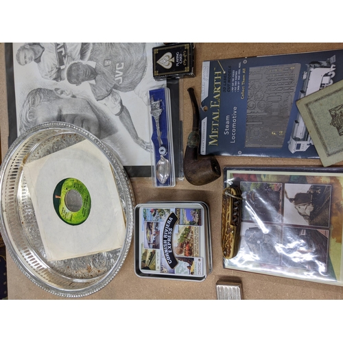 170 - A mixed lot to include a Yoko Ono single, a silver plated dish, a pipe, an original drawing by Johna... 