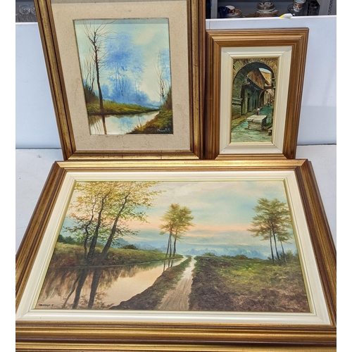 105 - Three oil paintings to include two Marinelli signed country landscapes and a street scene signed Mon... 