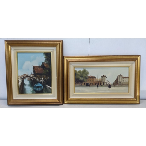 109 - Two oil on canvas paintings to include Giorgio Rocca - oil depicting an Italian town scene 38.5x18.5... 