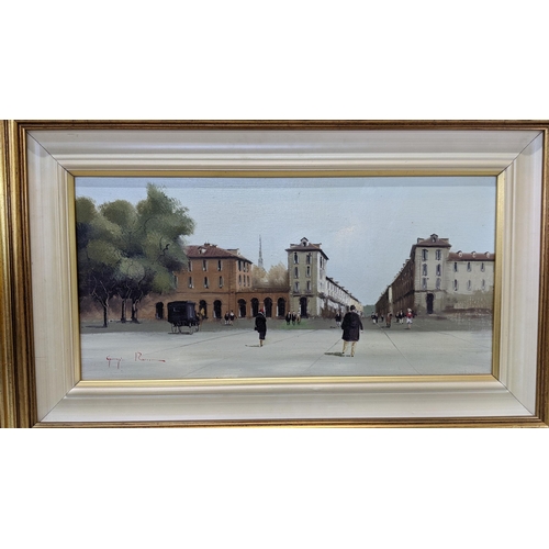 109 - Two oil on canvas paintings to include Giorgio Rocca - oil depicting an Italian town scene 38.5x18.5... 