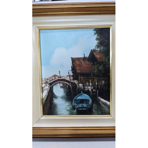 109 - Two oil on canvas paintings to include Giorgio Rocca - oil depicting an Italian town scene 38.5x18.5... 