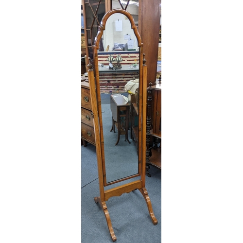 124 - A Queen Anne style walnut cheval mirror on four splayed legs 161h x 43.5W cm 
Location:A1B