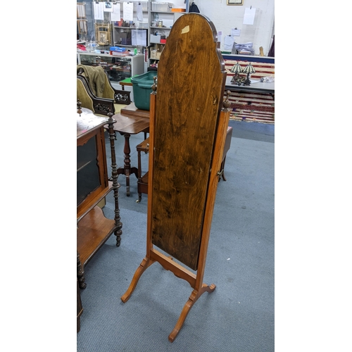 124 - A Queen Anne style walnut cheval mirror on four splayed legs 161h x 43.5W cm 
Location:A1B