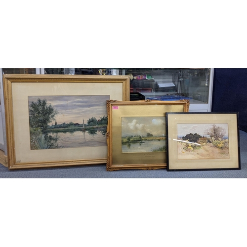 134 - Three watercolours to include two river scenes one signed RW Fraserly the other signed C. Davidson a... 