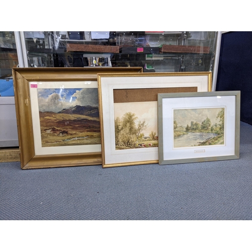 135 - Three watercolours to include a mountainous scene, bears a signature, The River Don by RM Eadie and ... 