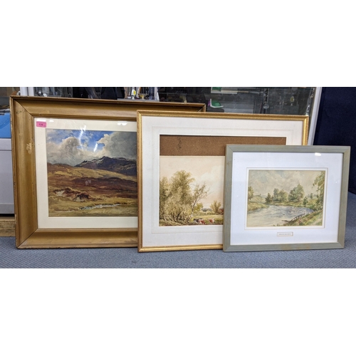 135 - Three watercolours to include a mountainous scene, bears a signature, The River Don by RM Eadie and ... 