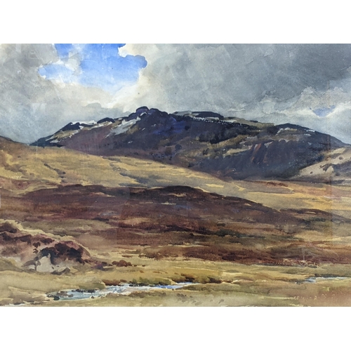 135 - Three watercolours to include a mountainous scene, bears a signature, The River Don by RM Eadie and ... 