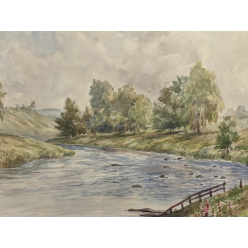 135 - Three watercolours to include a mountainous scene, bears a signature, The River Don by RM Eadie and ... 