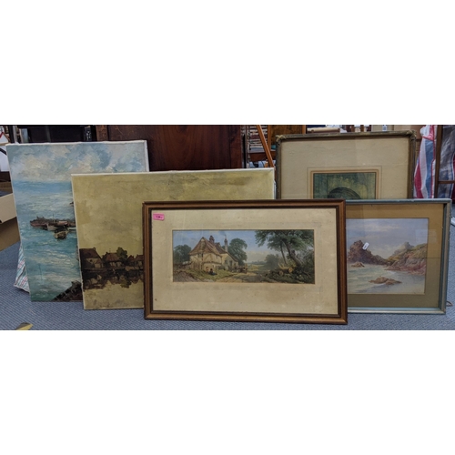 136 - Five paintings to include a harbour scene signed Wheeler, oil on canvas, and a seascape signed J Cur... 