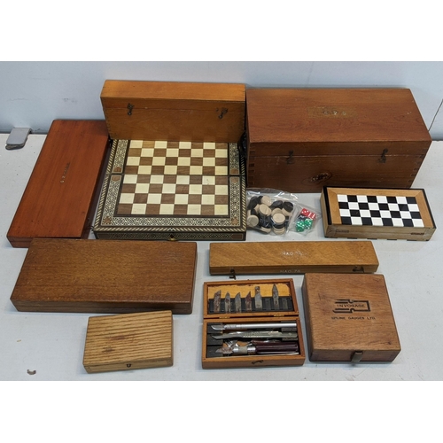 150 - Mixed boxes to include a parquetry inlaid Middle Eastern chess/backgammon board with contents
Locati... 