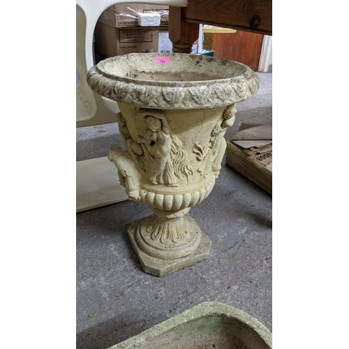 153 - A pair of lightly weathered garden pedestal urns, classical figurative decoration cast in relief wit... 