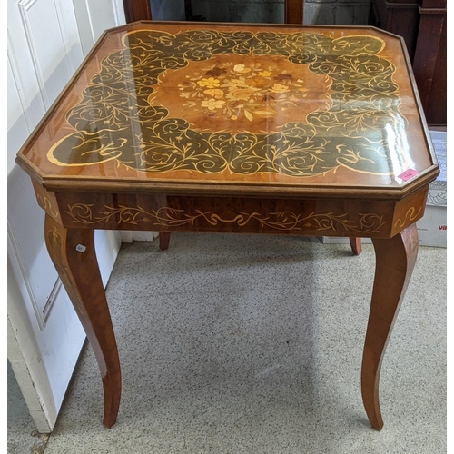 159 - A Sorrento parquetry inlaid games table having removeable top with changeable game tops 75cm h x 77c... 