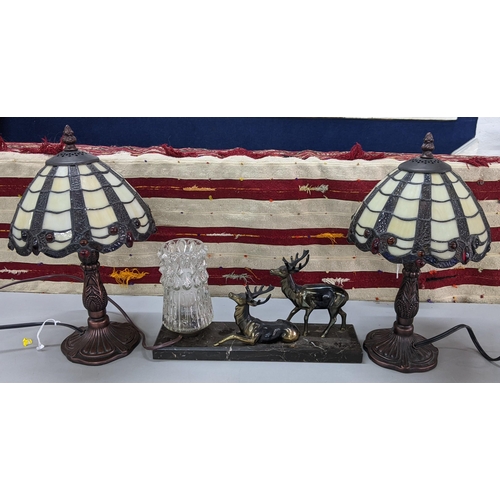 177 - A pair of Tiffany style lamps and an Art Deco inspired lamp mounted with two stags
Location:1.1