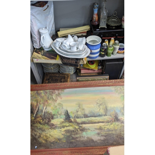 194 - A large mixed lot to include an oil on canvas depicting a woodland scene, mixed ceramics, a Zither a... 