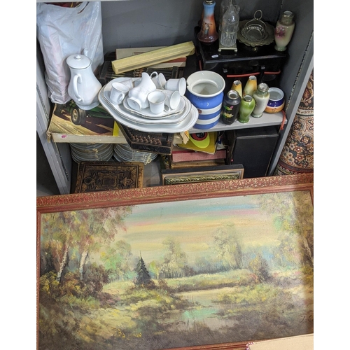 194 - A large mixed lot to include an oil on canvas depicting a woodland scene, mixed ceramics, a Zither a... 