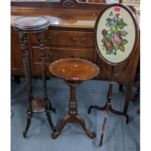 201 - A reproduction bird cage table, together with a barley twist torchere stand, and an early 20th centu... 