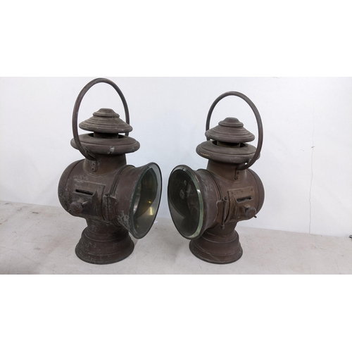 393 - A pair of early 20th century French vehicle lamps, brass plates attached 'G.Ducellier Lanternes Pari... 